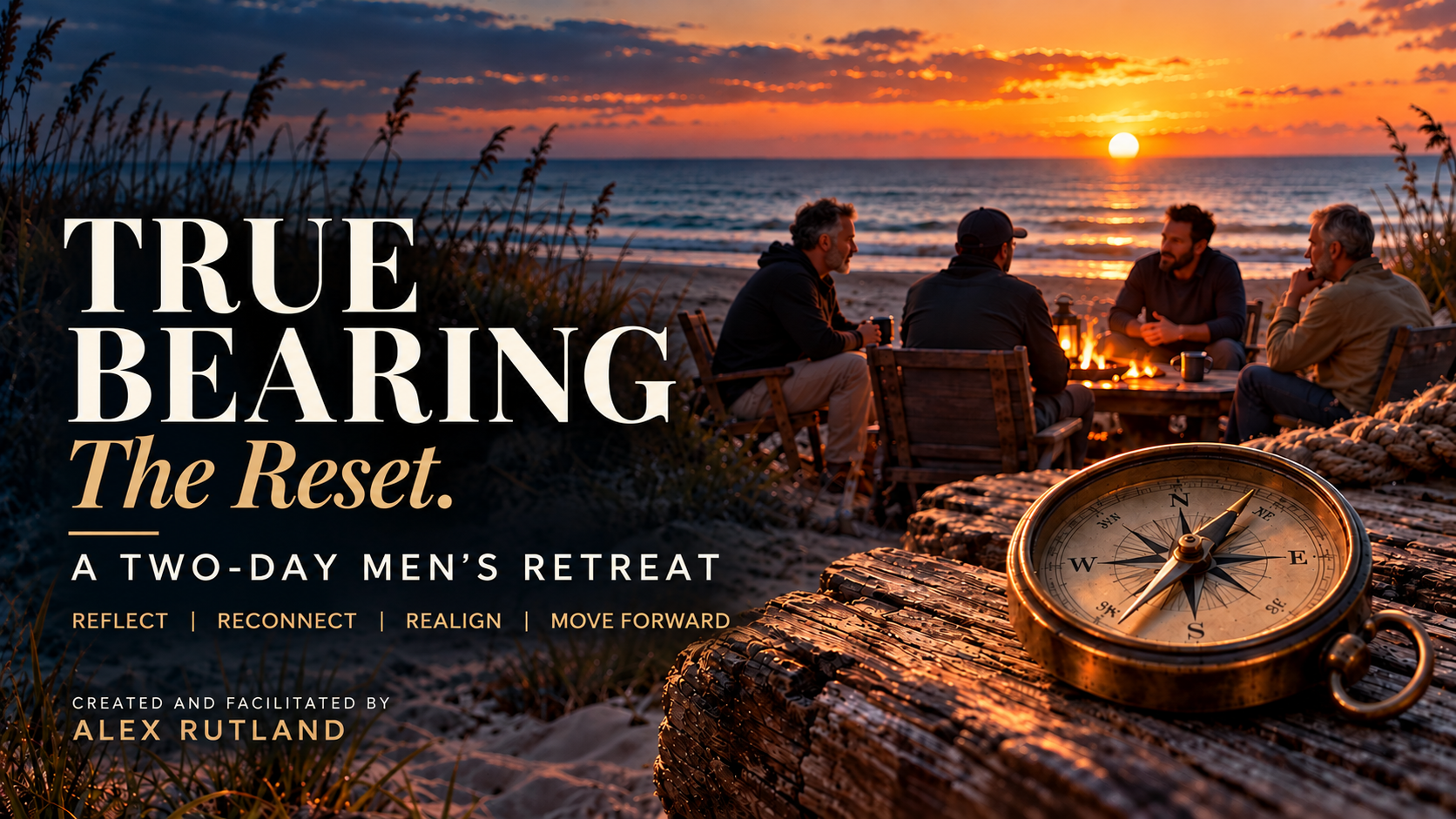 True Bearing: The Reset — two-day men’s retreat featuring a sunset, a compass and four men in conversation